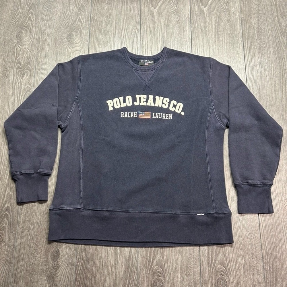 Polo Jeans Co Ralph Lauren Vtg Mens Medium Navy Blue Embroidered Flag Sweatshirt